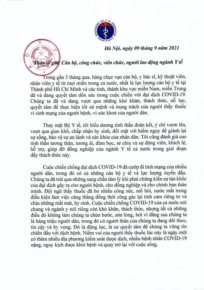 BỘ TRƯỞNG BỘ Y TẾ GỬI THƯ ĐỘNG VIÊN TỚI CÁN BỘ, CÔNG CHỨC, VIÊN CHỨC, NGƯỜI LAO ĐỘNG NGÀNH Y TẾ