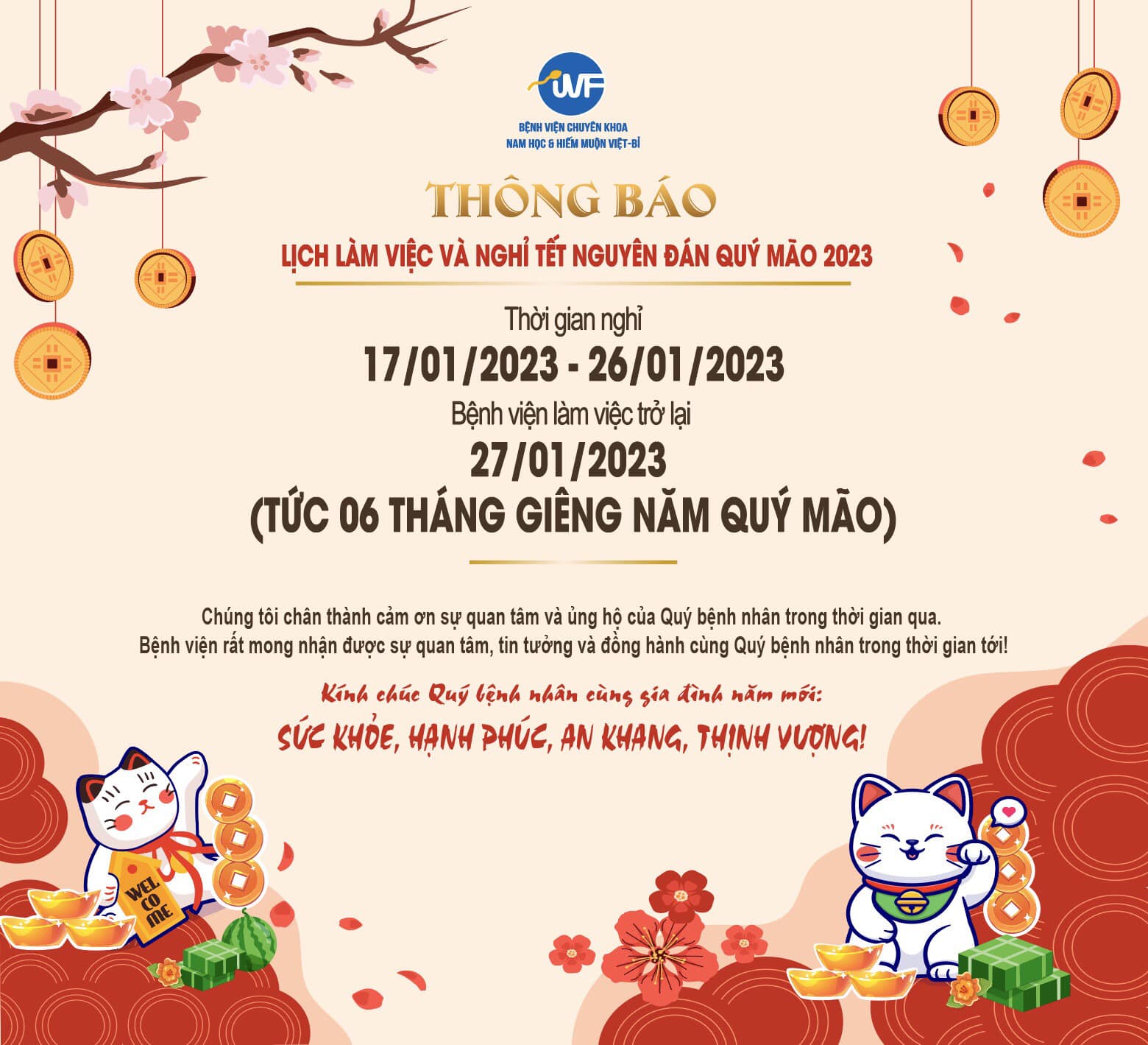 [THÔNG BÁO] LỊCH LÀM VIỆC VÀ NGHỈ TẾT NGUYÊN ĐÁN QUÝ MÃO 2023