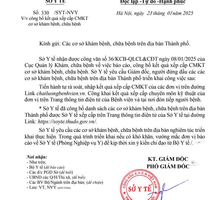 SỞ Y TẾ HÀ NỘI THÔNG BÁO XẾP CẤP CHUYÊN MÔN KỸ THUẬT CÁC CƠ SỞ Y TẾ